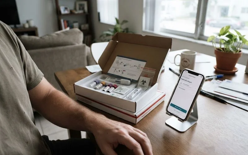 A mailed at-home lab collection kit box open on a kitchen counter next to a smartphone showing a telehealth appointment