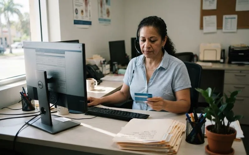 A patient on the phone reviewing insurance paperwork at a kitchen table