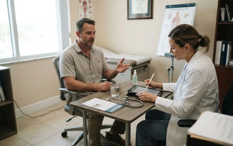 A middle-aged man sitting across from a clinician during a calm consultation, reviewing a clipboard together in a bright clinic office