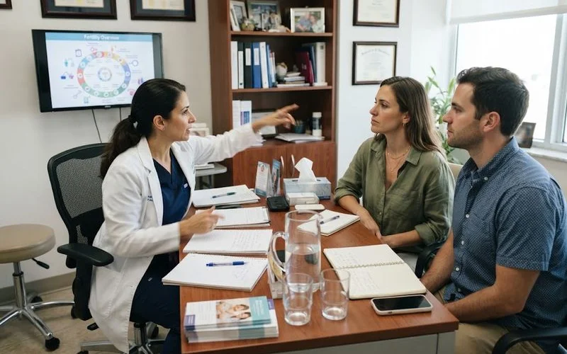A couple looking at paperwork together during a fertility-focused consultation with a provider