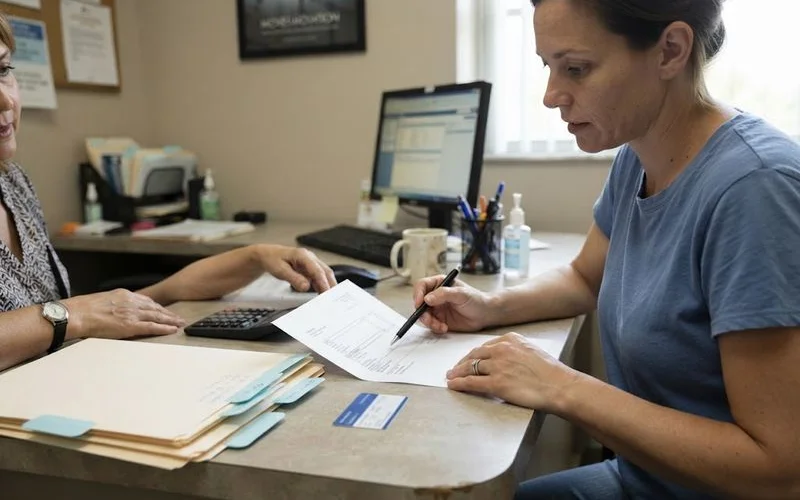 A patient reviewing a printed cost breakdown with a clinic staff member at a front desk