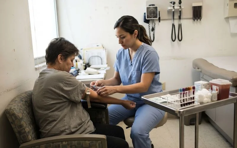 A patient's arm during a routine blood draw at a lab, with a phlebotomist labeling the sample tube