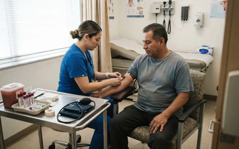 A lab technician labeling a blood sample vial in a clinical setting