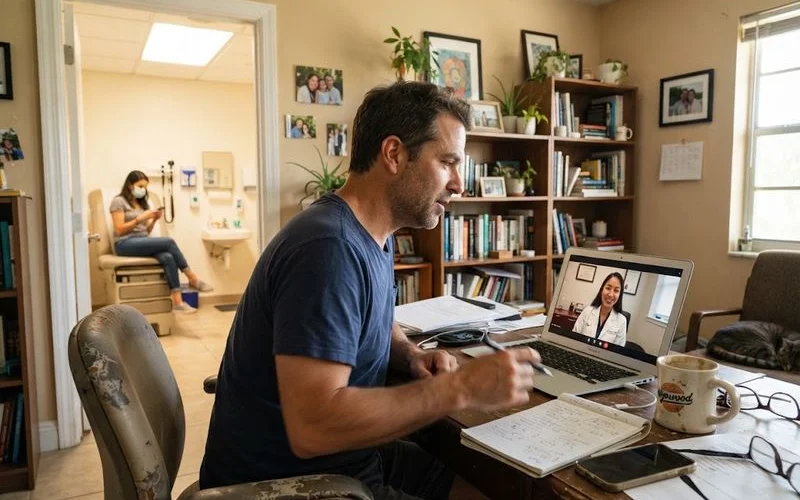 Split scene showing a man on a video call consultation on one side and a traditional clinic waiting room on the other