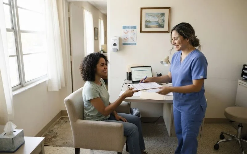 A provider and patient reviewing an intake form together at a desk during a consultation